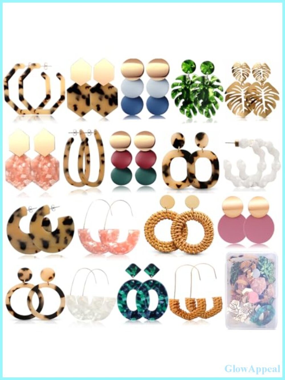 18 Pairs Vacation Statement Earrings for Women Straw Rattan Acrylic Resin Hoop